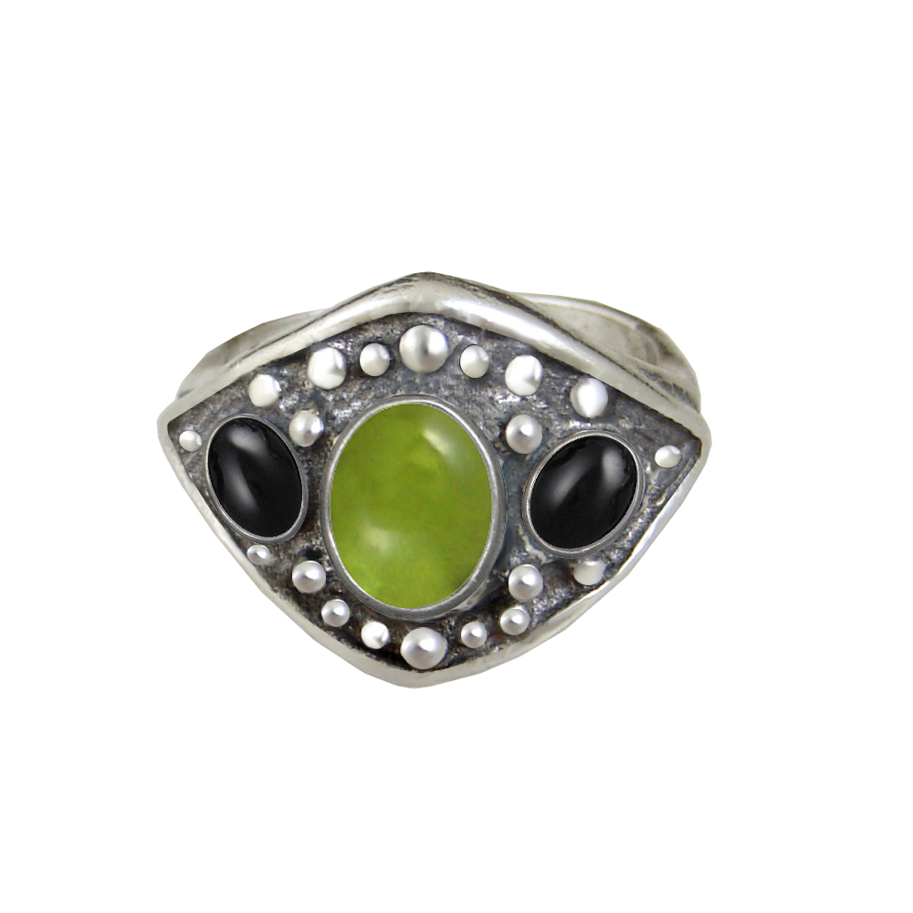Sterling Silver Medieval Lady's Ring with Peridot And Black Onyx Size 9